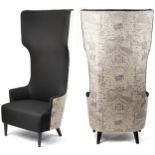 Contemporary high back throne chair upholstered with maps of London and surrounding on ebonised