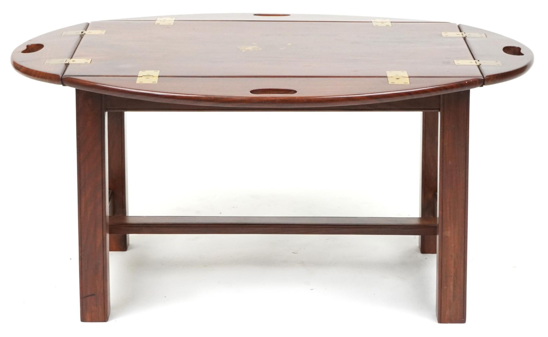 Mahogany butler's tray table with folding sides and brass foliate inlay, 56cm H x 74cm W x 50cm D as - Image 4 of 5