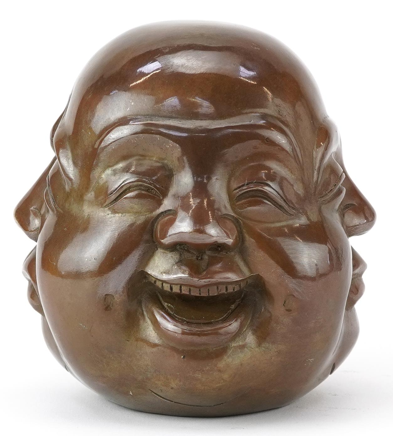 Chinese patinated bronze four face Buddha paperweight, character marks to the base, 12cm high - Image 2 of 8