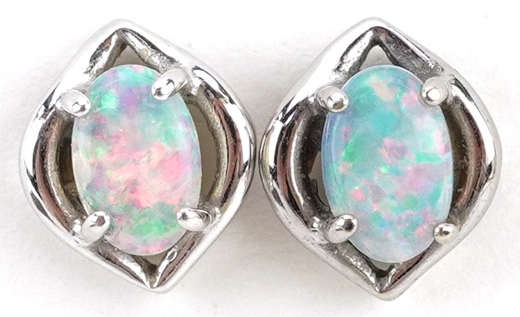 Pair of 18ct white gold cabochon opal earrings, each approximately 9mm high, total 1.9g - Image 2 of 3