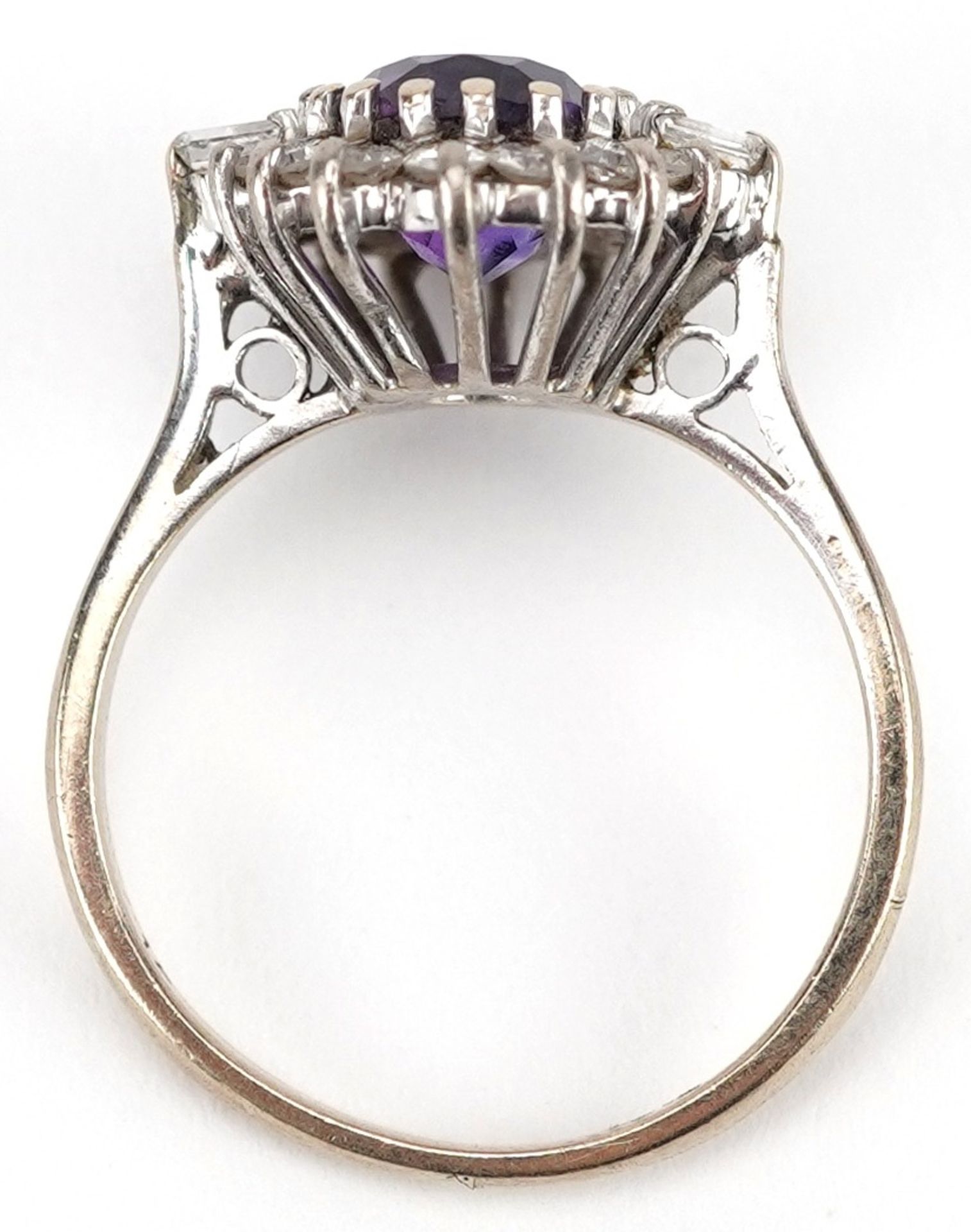 Art Deco style 18ct white gold amethyst and diamond cluster ring, the amethyst approximately 9.0mm x - Image 3 of 4