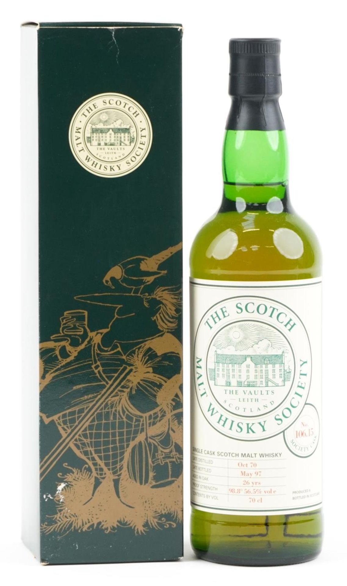 Bottle of Scotch Malt Whisky Society Single Cask 26 years old whisky with box, Society cask no 106.