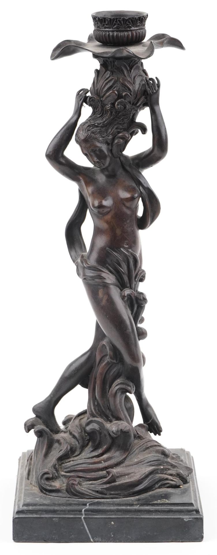 Classical patinated bronze candlestick in the form of a semi nude female on waves, raised on a - Bild 2 aus 4