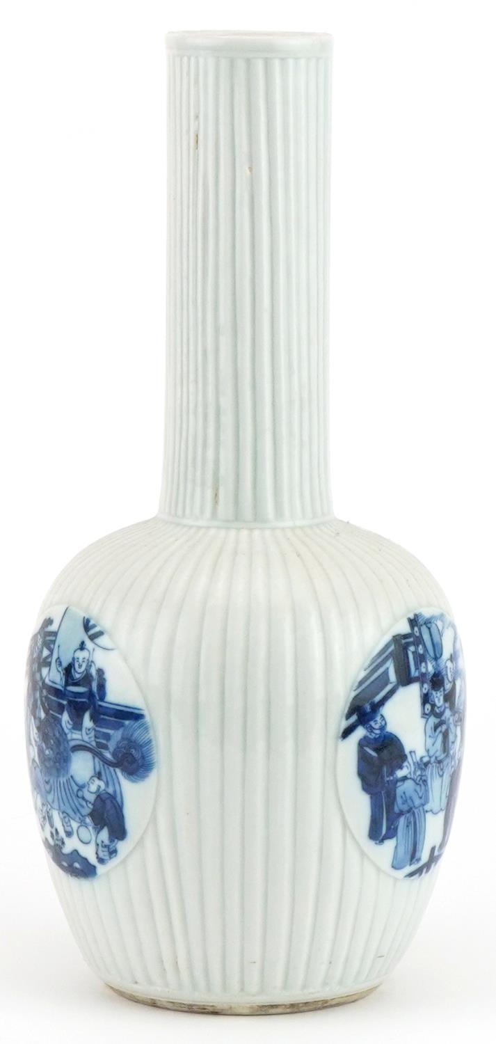 Chinese blue and white porcelain vase hand painted with three roundels of children playing in a - Image 3 of 6