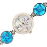 Marcel Drucker, ladies sterling silver and millefiori glass quartz wristwatch having mother of pearl