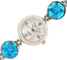 Marcel Drucker, ladies sterling silver and millefiori glass quartz wristwatch having mother of pearl