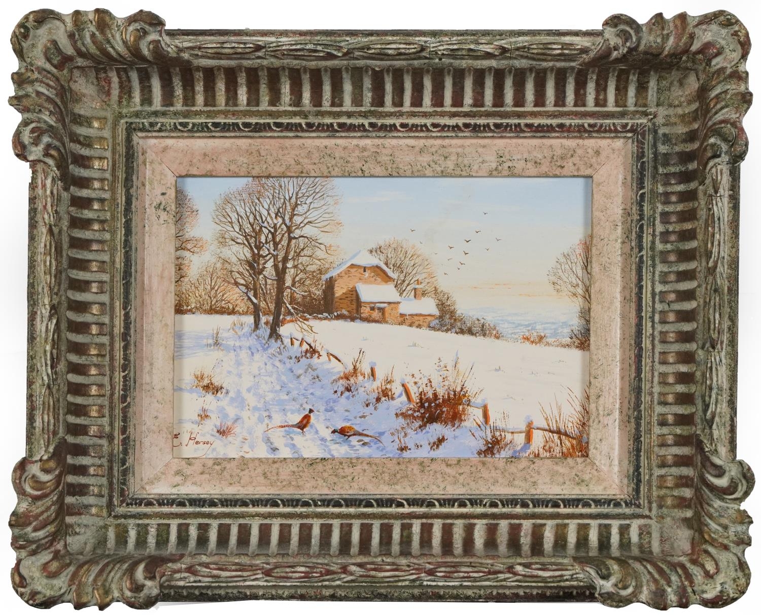 Edward Hersey - Pheasants in the snow, contemporary oil on board, Stacey Marks labels verso, mounted - Image 2 of 7