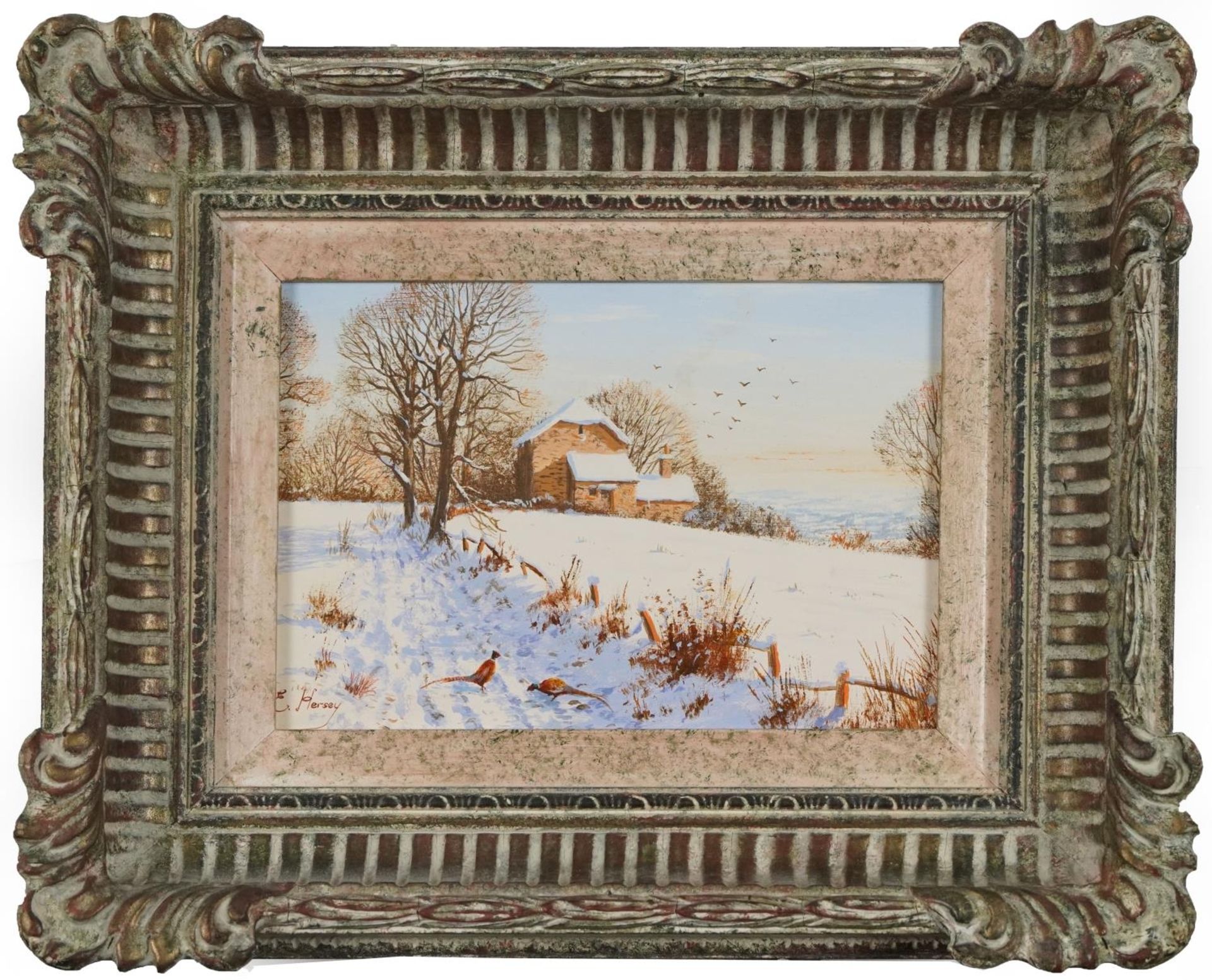 Edward Hersey - Pheasants in the snow, contemporary oil on board, Stacey Marks labels verso, mounted - Bild 2 aus 7