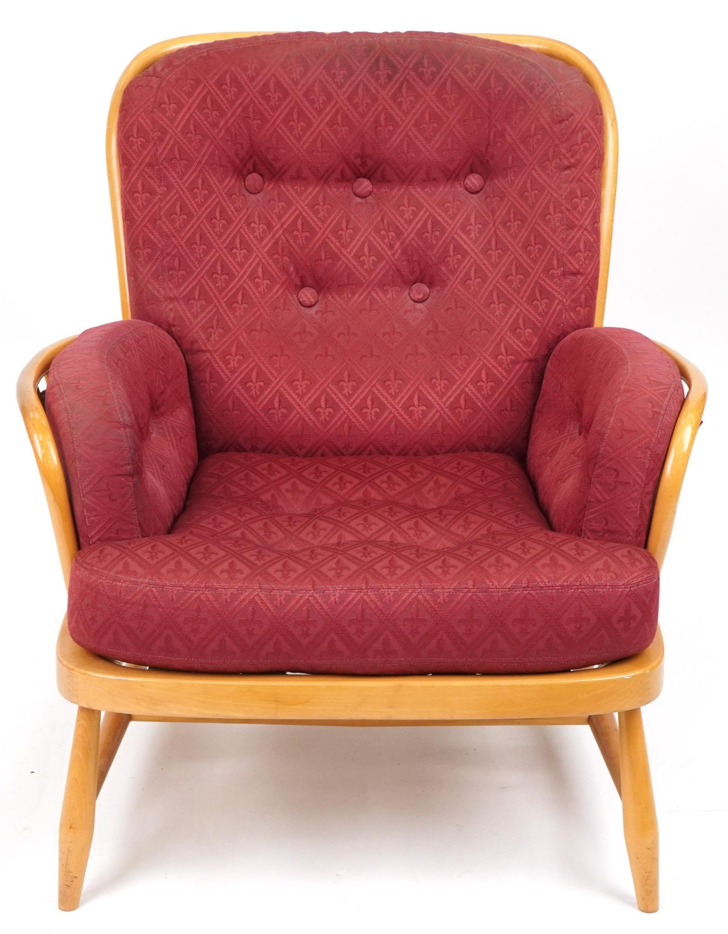 Ercol light elm Jubilee stick back armchair with red fleur de lis upholstered cushioned seats, - Bild 2 aus 6