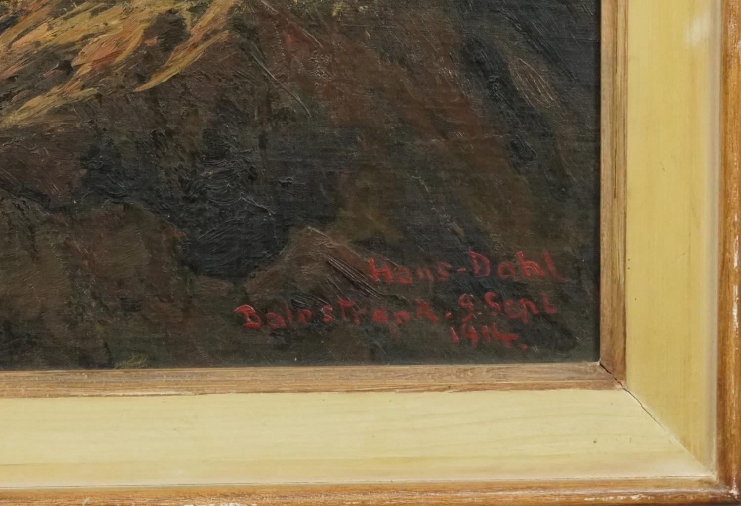Hans Dahl 1914 - Balestrand Waterfall, early 20th century Norwegian school oil on board, inscribed - Image 3 of 5