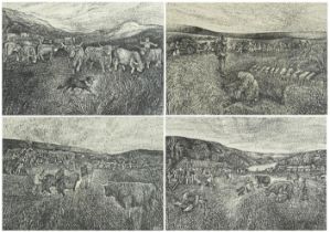 Edna Whyte - Highland Life, four pencil signed woodcuts, framed and glazed, each 30cm x 23cm