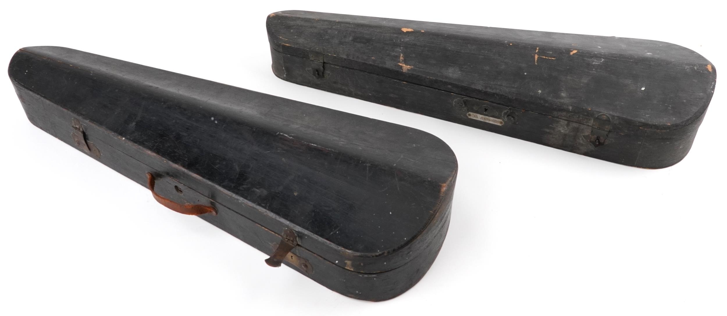 Two wooden violins with green baize lined wooden cases, the violin back 14 inches in length - Image 6 of 7