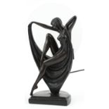 Art Deco style bronzed figural table lamp with frosted glass shade in the form of a semi nude female