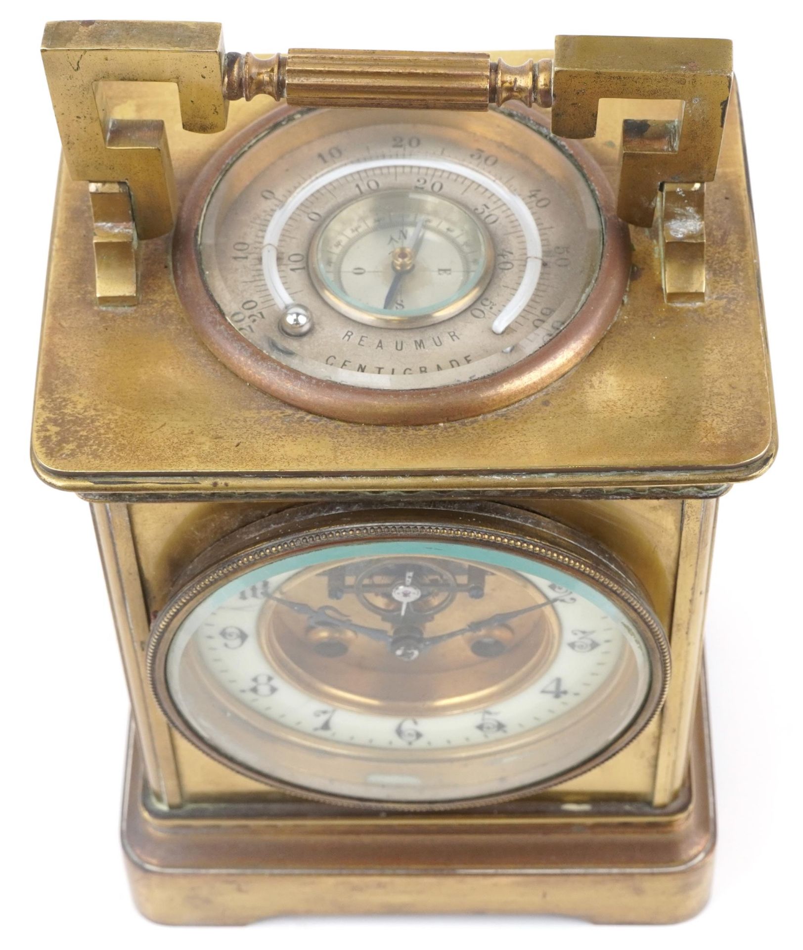 19th century French Weather Compendium mantle clock striking on a gong with thermometer and compass, - Image 3 of 6