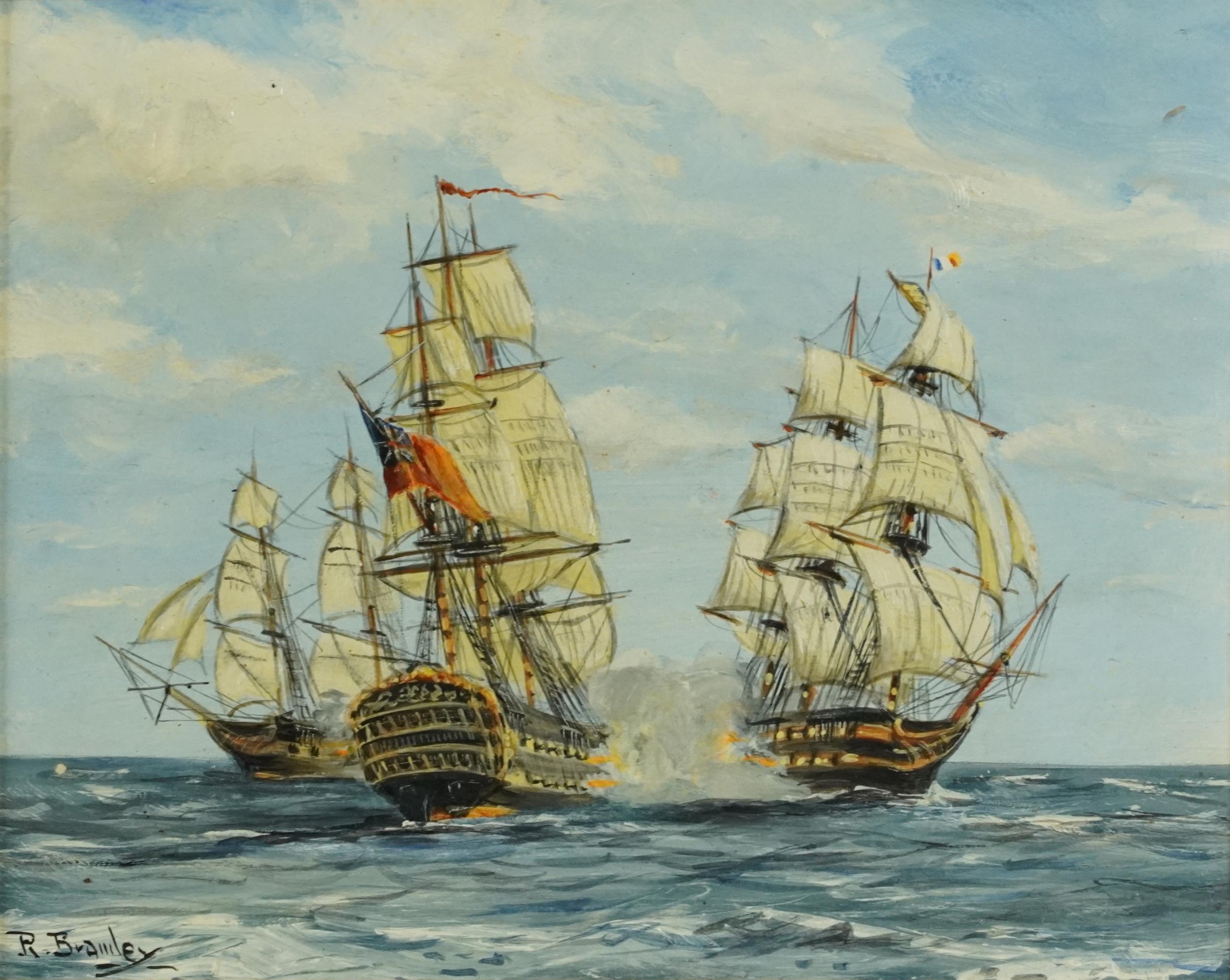 Men-O-War, three naval interest oil on boards including two signed R Bramley and Winson, each - Image 2 of 14