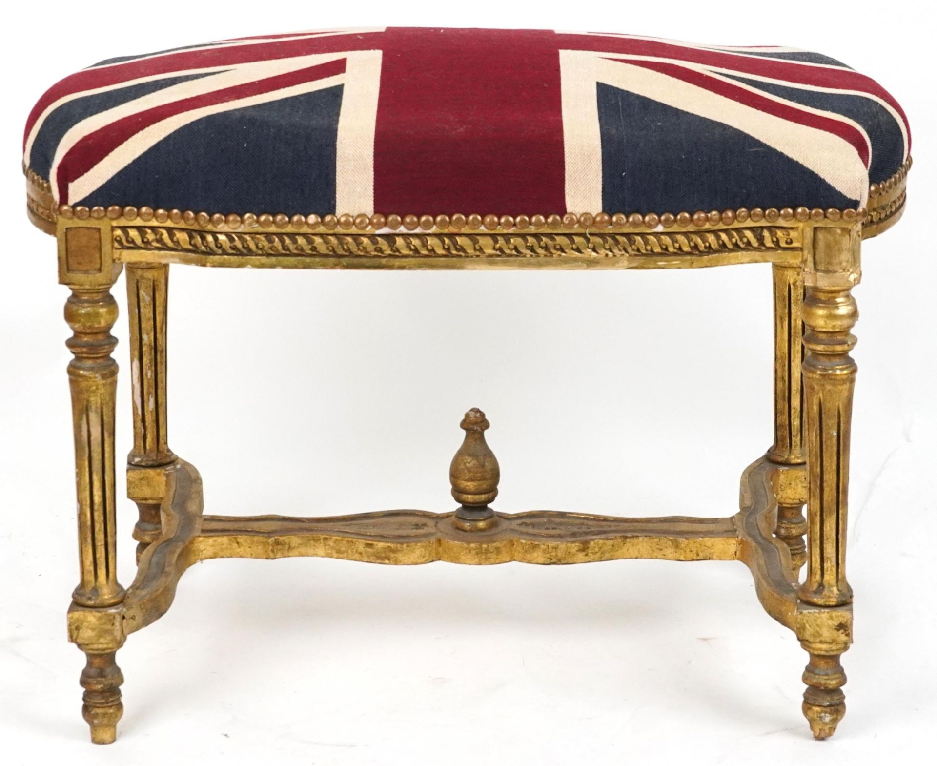 French style gilt stool with H stretcher on reeded legs with Union Jack design cushioned seat, - Bild 2 aus 4