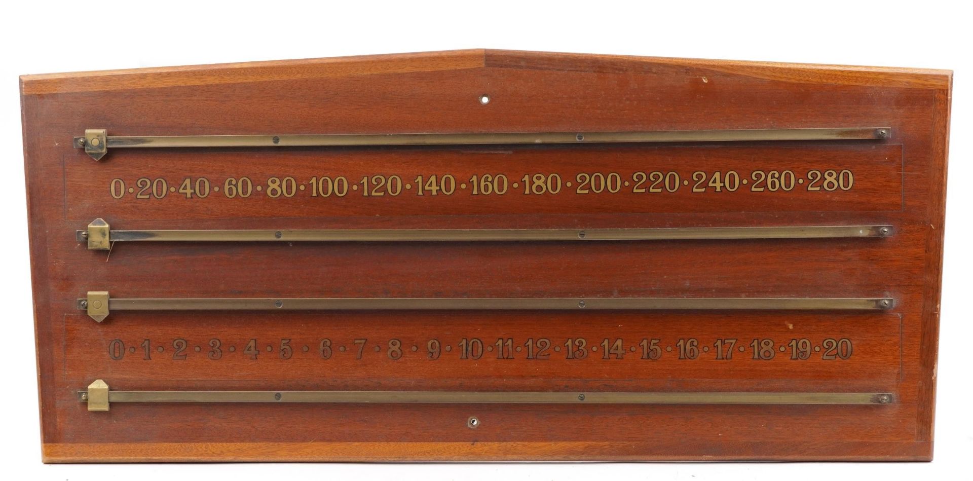 Mid 20th century mahogany snooker scoreboard with brass rails, 95cm x 43cm
