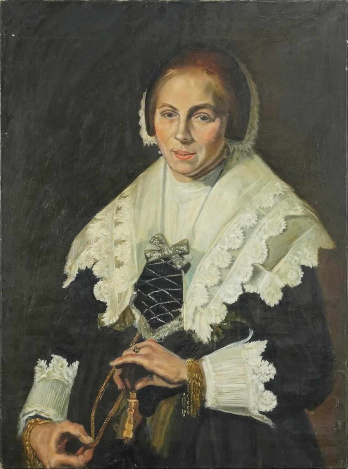 After Frans Hals - Portrait of a woman with a fan, Dutch Old Master style oil on canvas, unframed,
