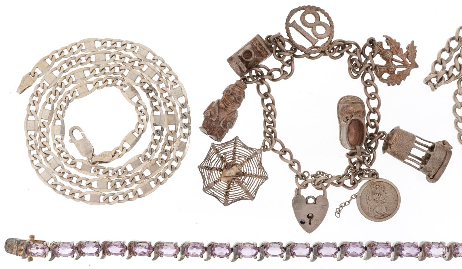 Silver jewellery comprising two necklaces, charm bracelet with a collection of charms and an - Image 2 of 5