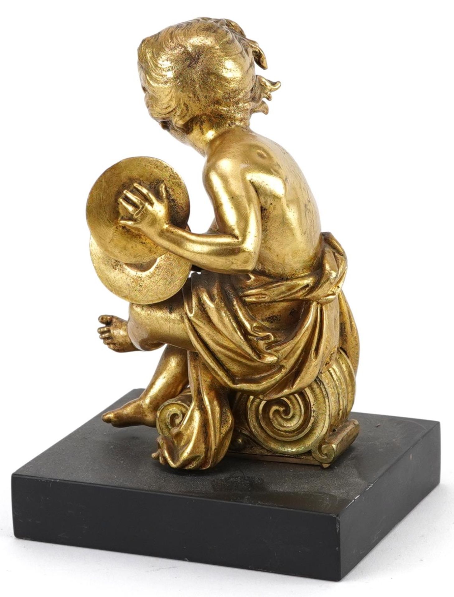 19th century gilt bronze statuette of a nude musician playing the cymbals, raised on a rectangular - Bild 2 aus 3