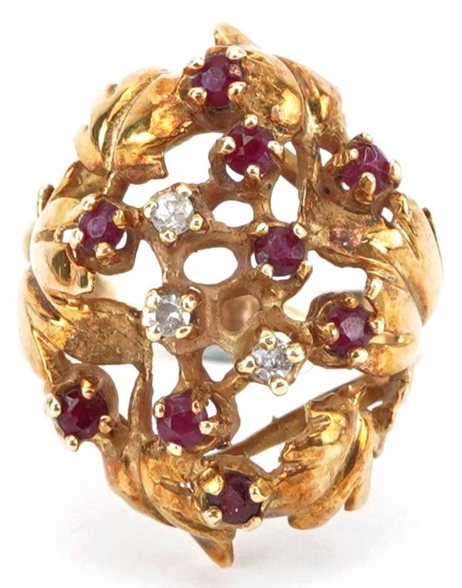 14ct gold diamond and ruby naturalistic cocktail ring, each stone approximately 2.0mm in diameter,