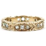9ct gold cubic zirconia floral eternity ring, size P/Q, 3.2g
