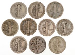 Ten early 20th century and later United States of America Mercury dimes comprising dates 1916, 1917,