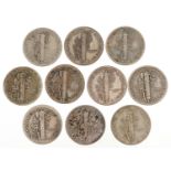 Ten early 20th century and later United States of America Mercury dimes comprising dates 1916, 1917,