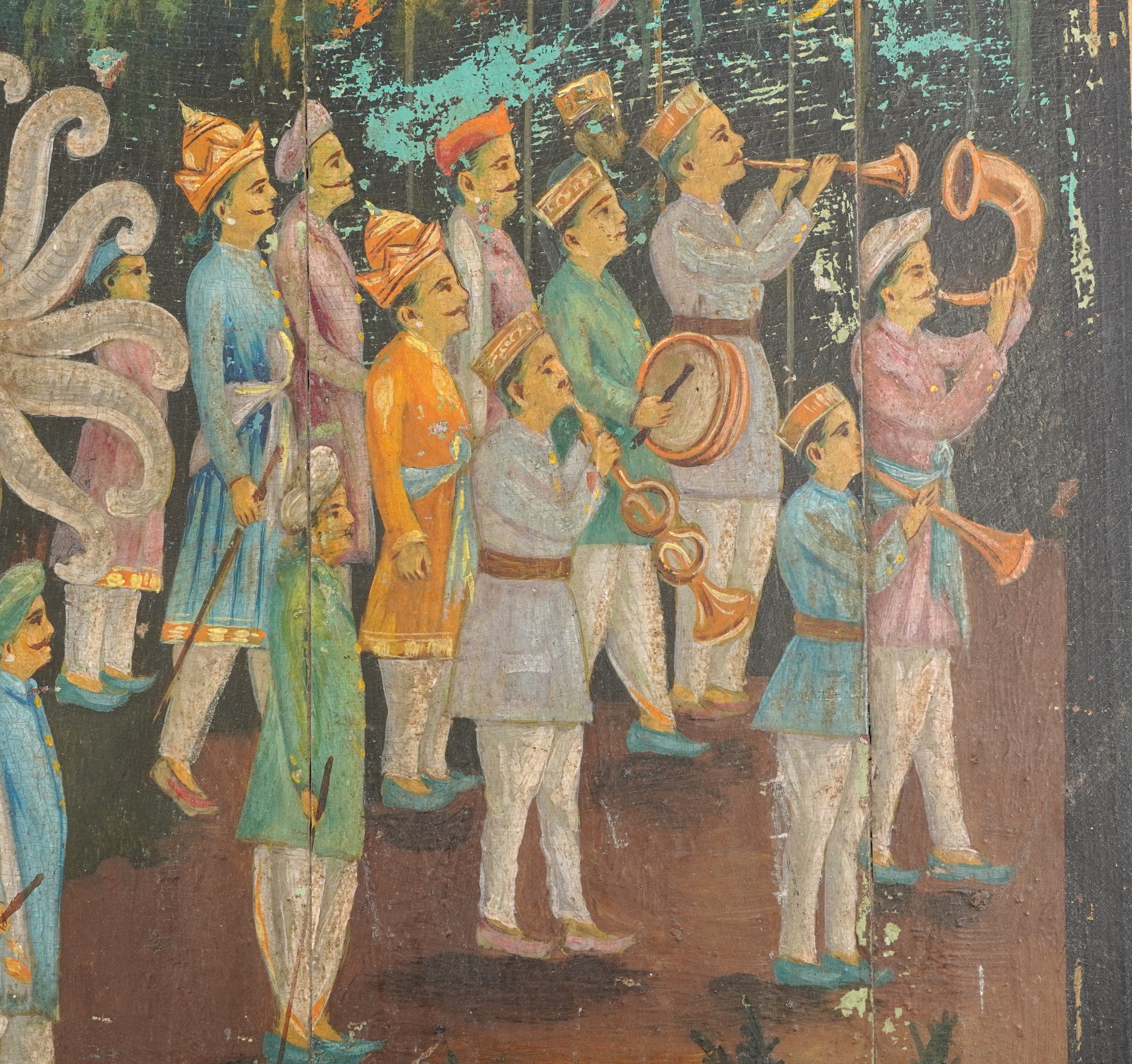 19th century Indian wood panel hand painted with a procession and mahout, 72.5cm x 68cm - Image 3 of 4