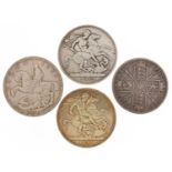 Victorian and later coinage comprising two crowns, dates 1889 and 1890, 1890 double florin and a