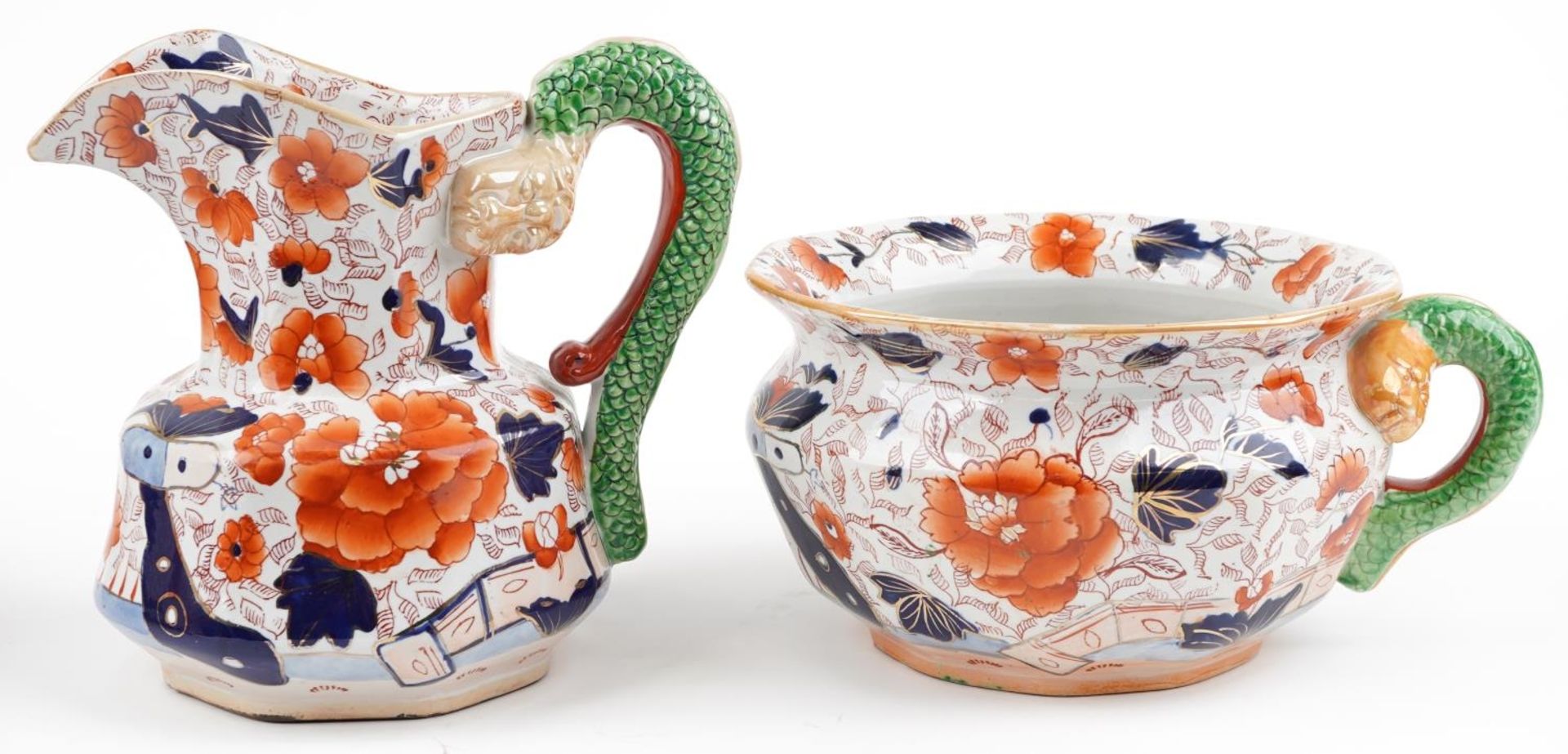 Masons style ironstone wash jug, basin and chamber pot, each decorated in the Imari palette with - Bild 2 aus 6