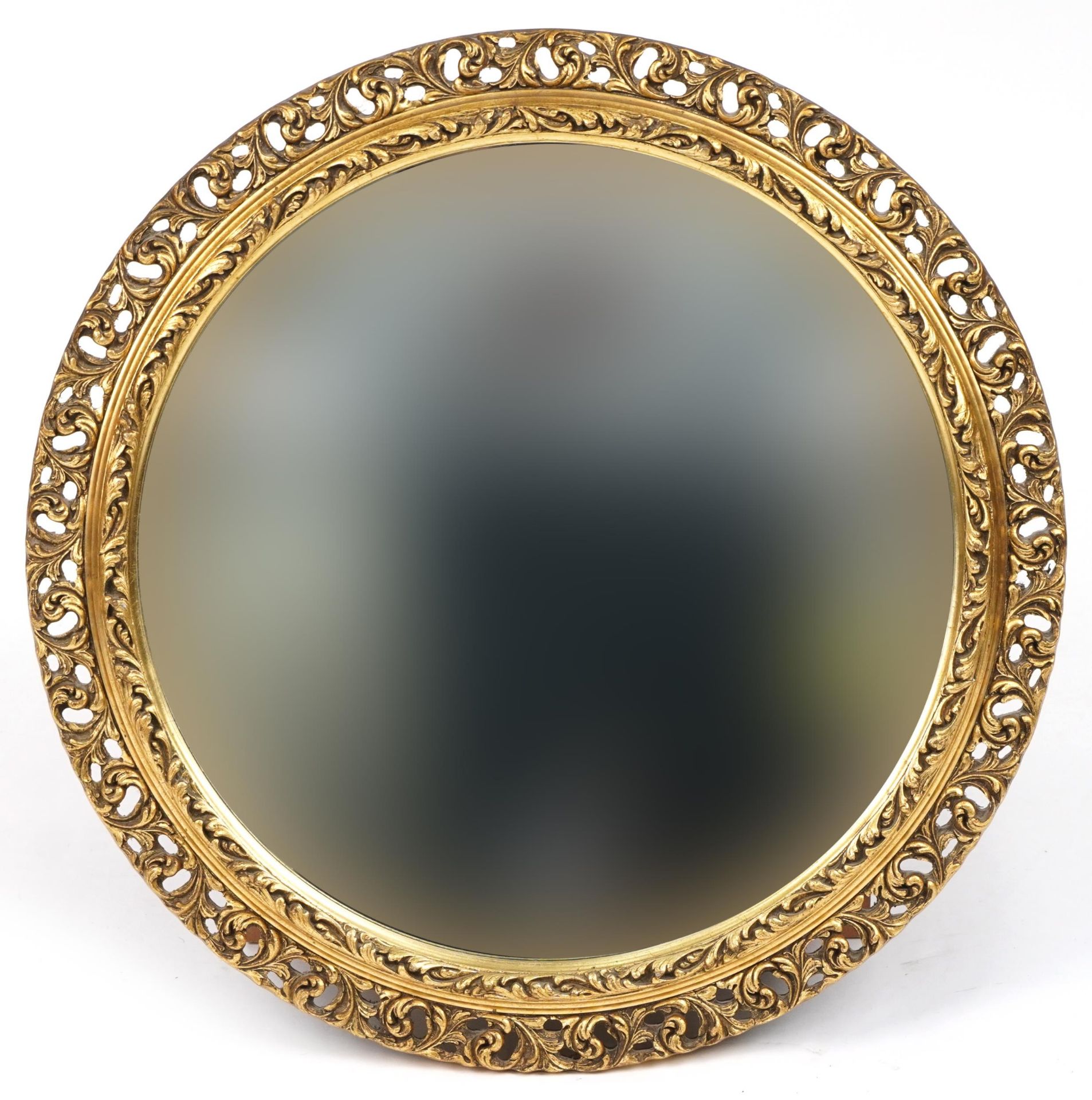 Circular gilt framed acanthus design wall mirror with bevelled glass, 56cm in diameter