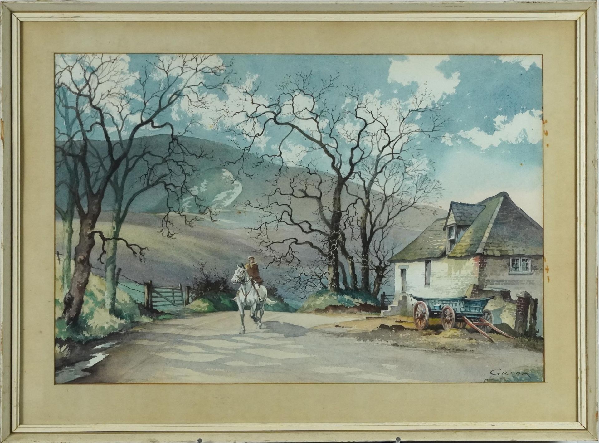 Emerson Harold Groom - Morning Ride Wilmington, watercolour, label verso, mounted, framed and - Image 2 of 6