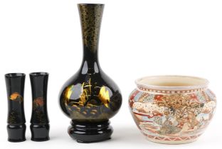 Three Chinese lacquered vases decorated with goldfish and Japanese Satsuma pottery jardiniere hand
