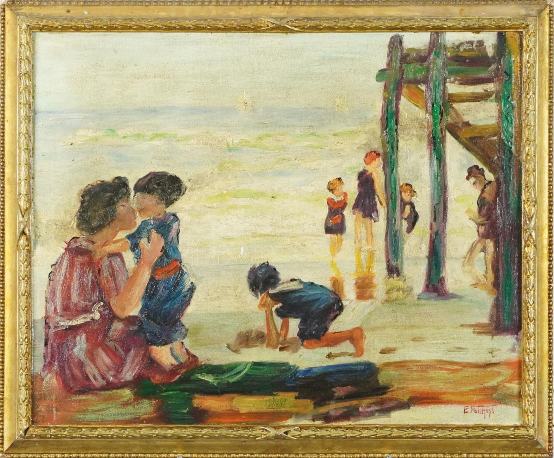 After Edward Henry Potthast - Beach scene with mother and children, American school oil on board, - Bild 2 aus 4