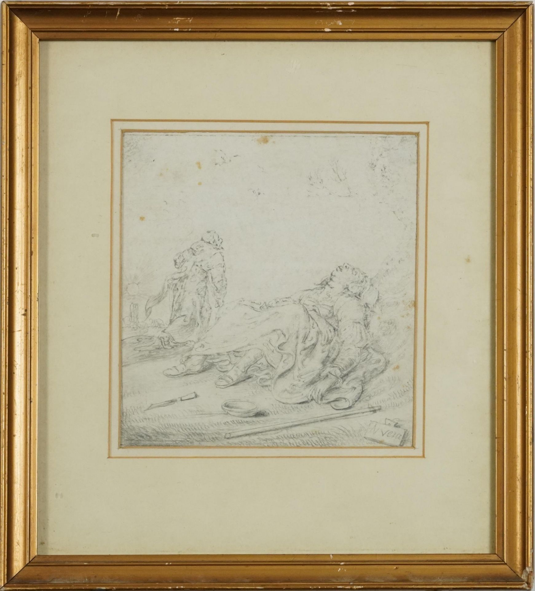Two figures, possibly biblical, 19th century pencil, indistinctly signed, possibly N Veia?, mounted, - Image 2 of 3