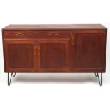 G Plan, Mid century Fresco teak sideboard on hairpin legs fitted with a door and an arrangement of