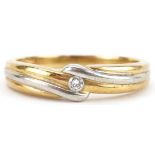 18ct two tone gold diamond solitaire crossover ring, size K, 3.2g