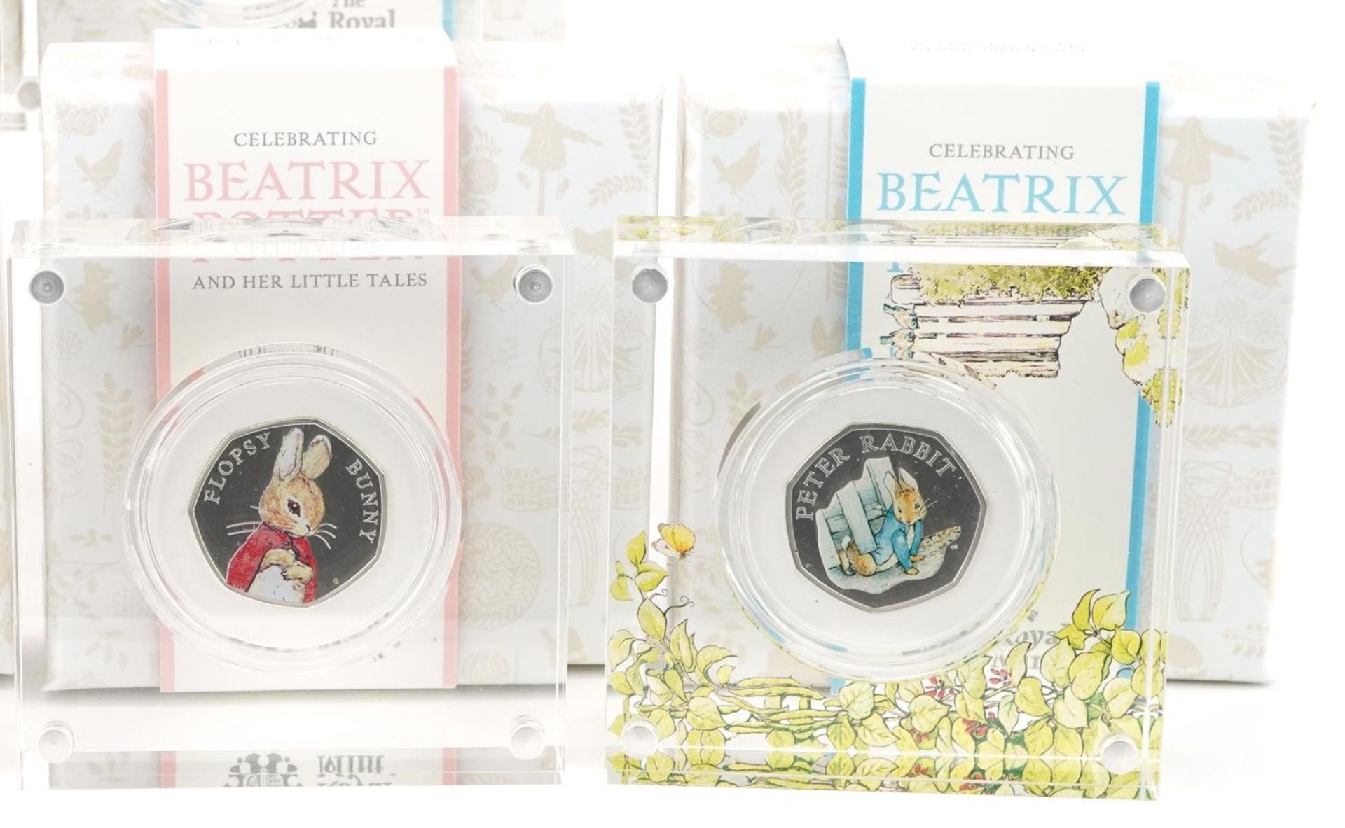 Eight Beatrix Potter silver proof fifty pence pieces by The Royal Mint, housed in Perspex slabs with - Image 3 of 4