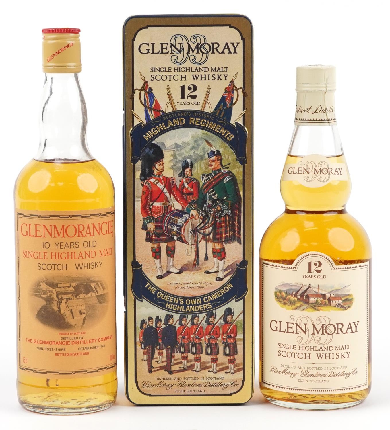 Two bottles of whisky comprising Glen Moray 12 Years Old commemorating The Queen's Own Cameroon
