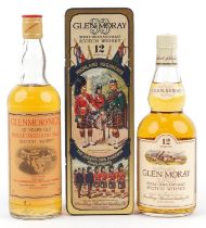 Two bottles of whisky comprising Glen Moray 12 Years Old commemorating The Queen's Own Cameroon