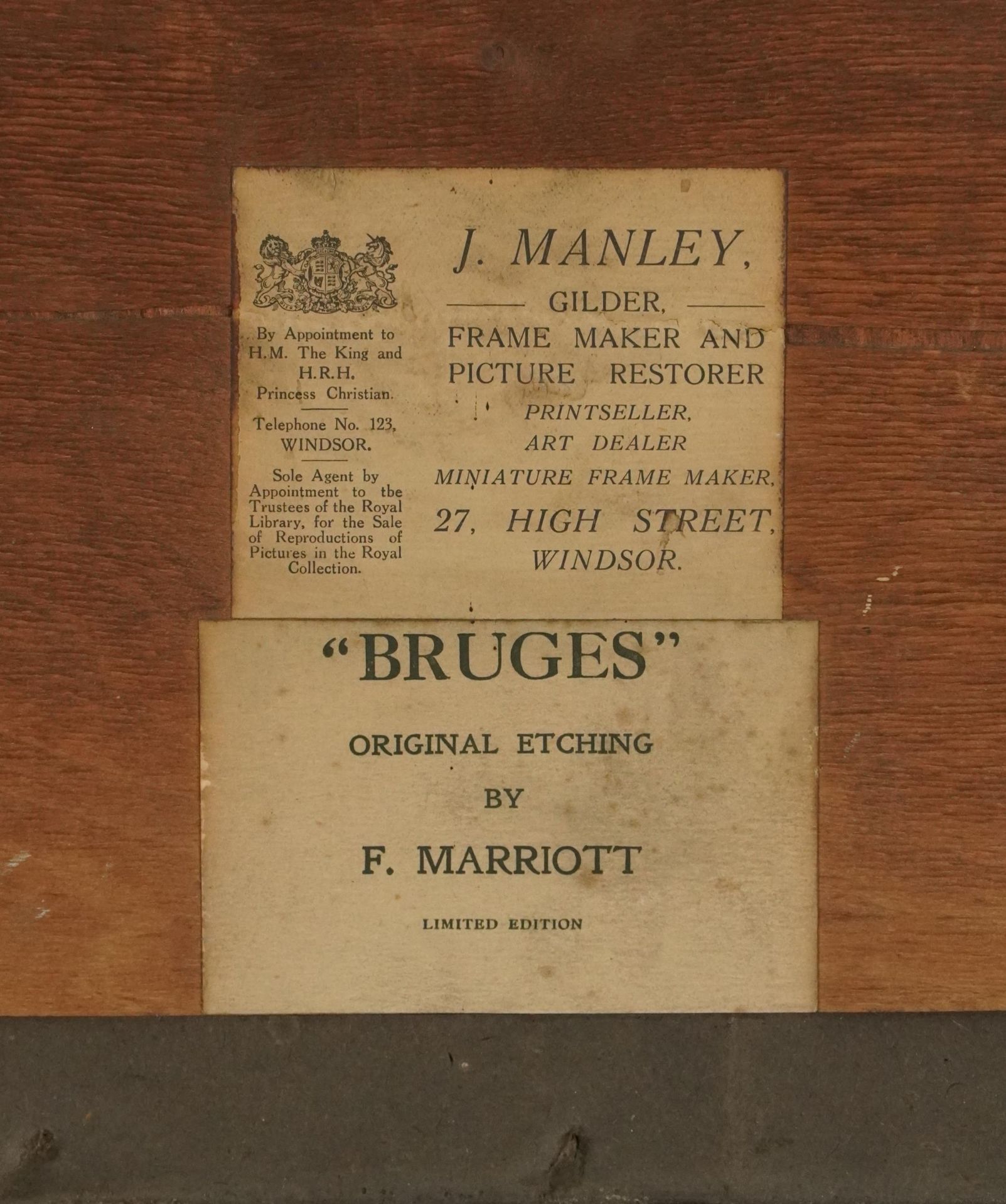 F Marriott - Venice and Bruges, matched pair of pencil signed hand coloured etchings, labels - Image 10 of 10