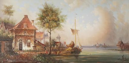 18th century harbour scene, oil on board, bearing an indistinct signature, mounted and framed, 119cm
