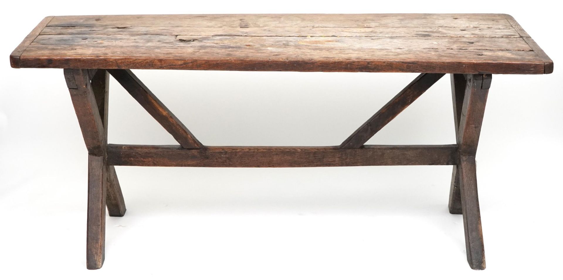 Industrial hardwood dining table with X stretcher, 71cm H x 157cm W x 60cm D - Image 4 of 4