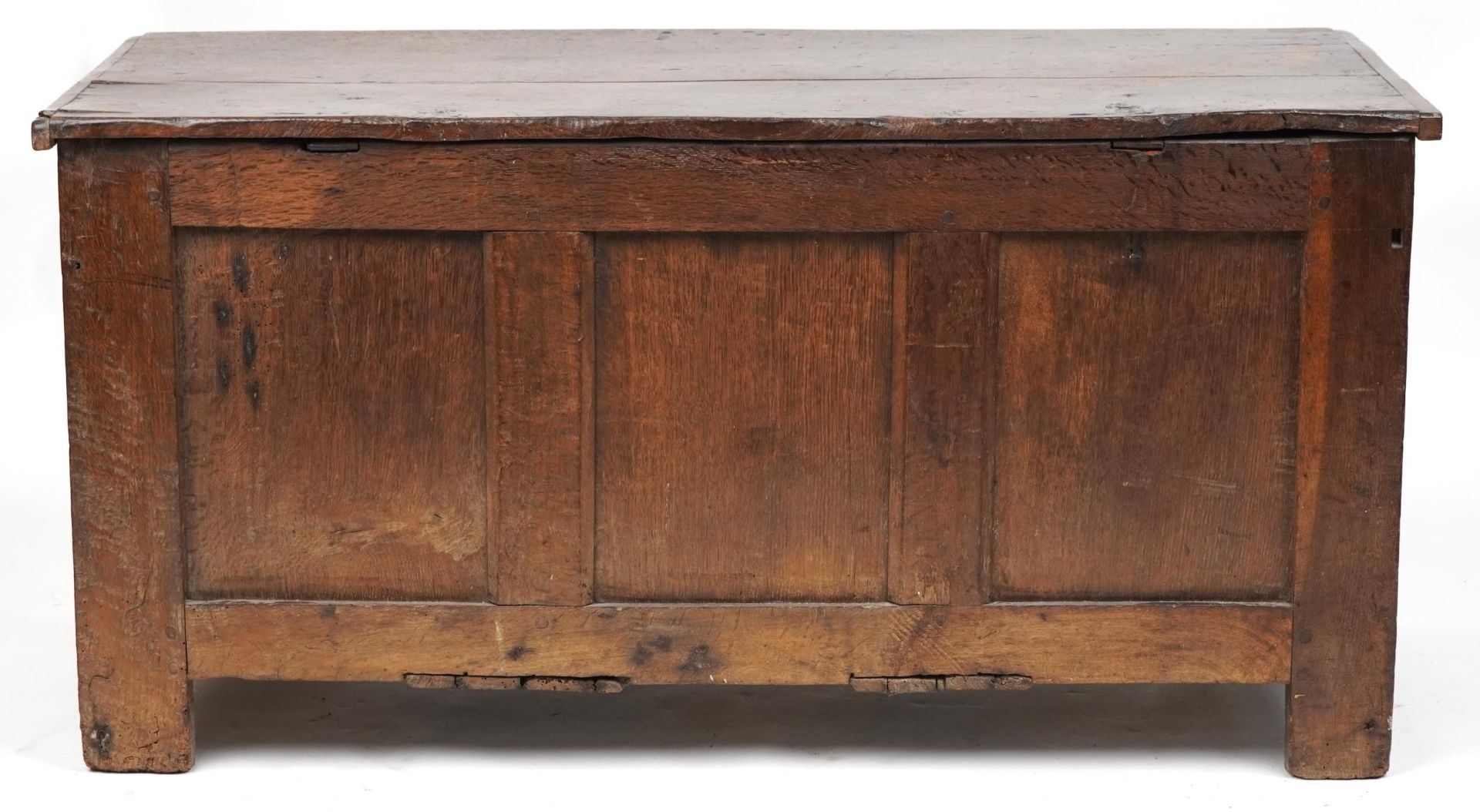 17th/18th century oak three panel coffer with carved borders, 59cm H x 118cm W x 51cm D - Image 6 of 6