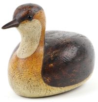 John Searle carved wood polychrome painted duck decoy, inset brass plaque to the base, dated 2011,