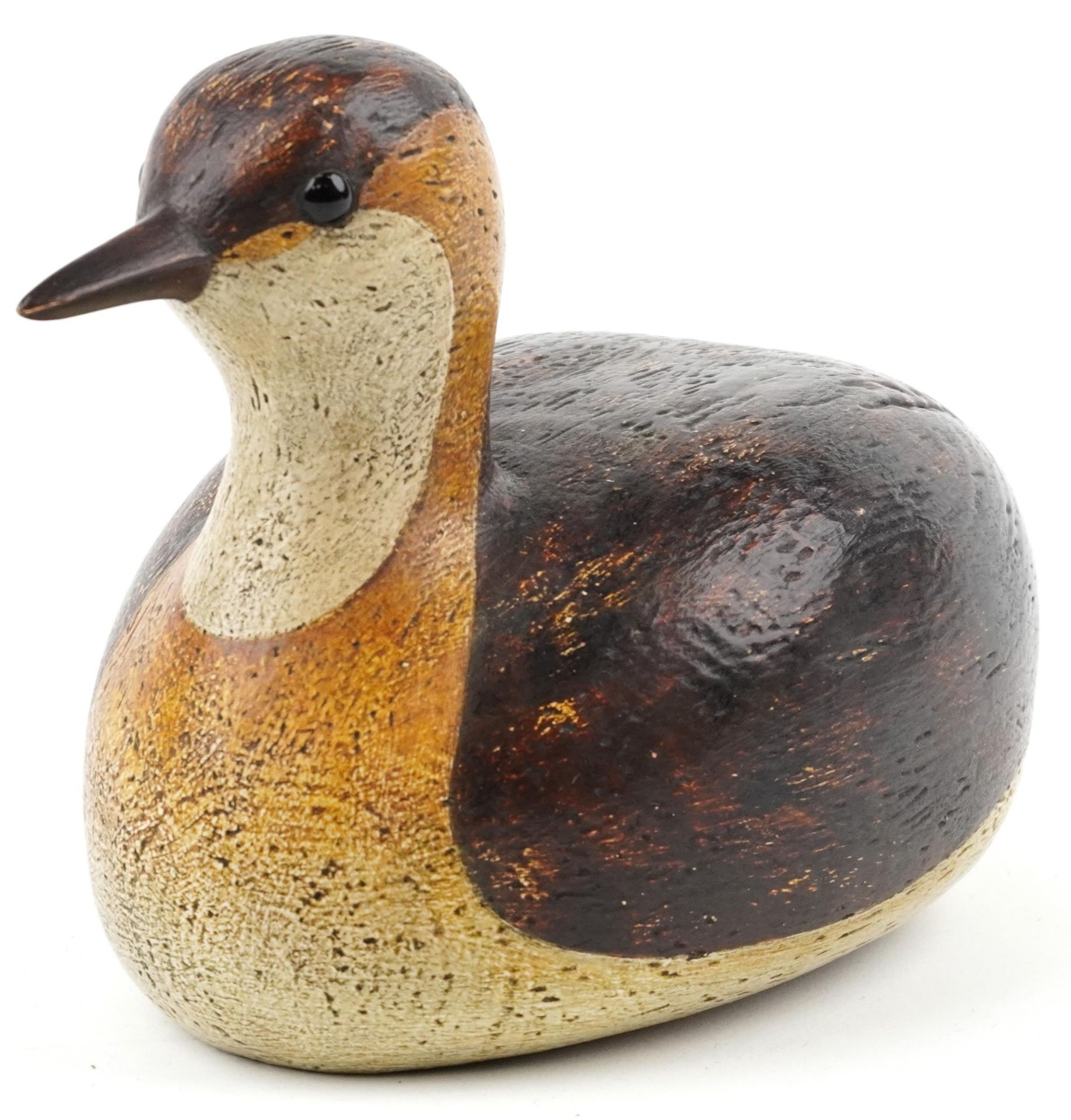 John Searle carved wood polychrome painted duck decoy, inset brass plaque to the base, dated 2011,