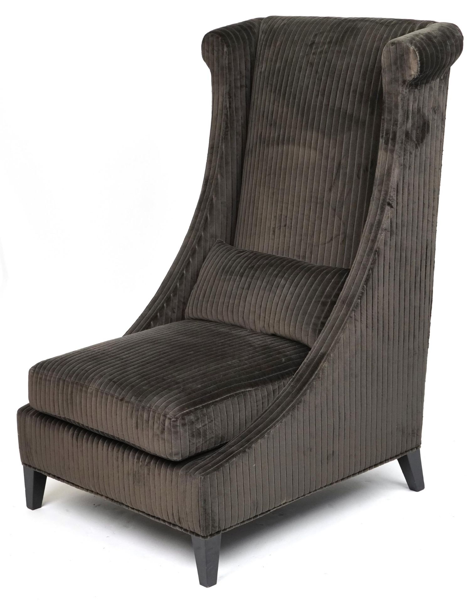 Contemporary dark olive green upholstered throne lounge chair with ebonised legs and cushion,
