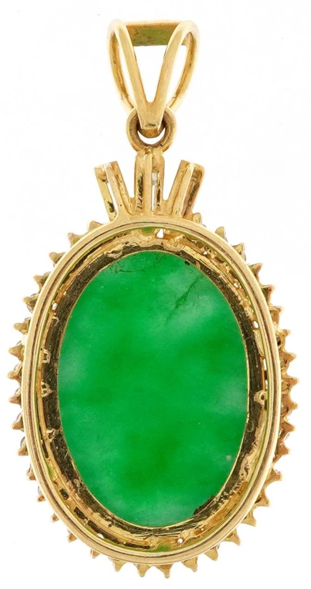 18ct Chinese gold green jade cabochon and diamond pendant, each round diamond approximately 1.10mm - Image 2 of 3