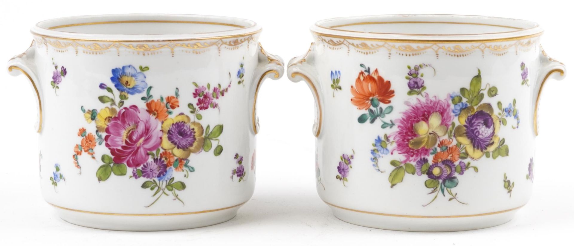 Pair of 19th century European porcelain cache pots with twin handles, each hand painted with - Image 2 of 5